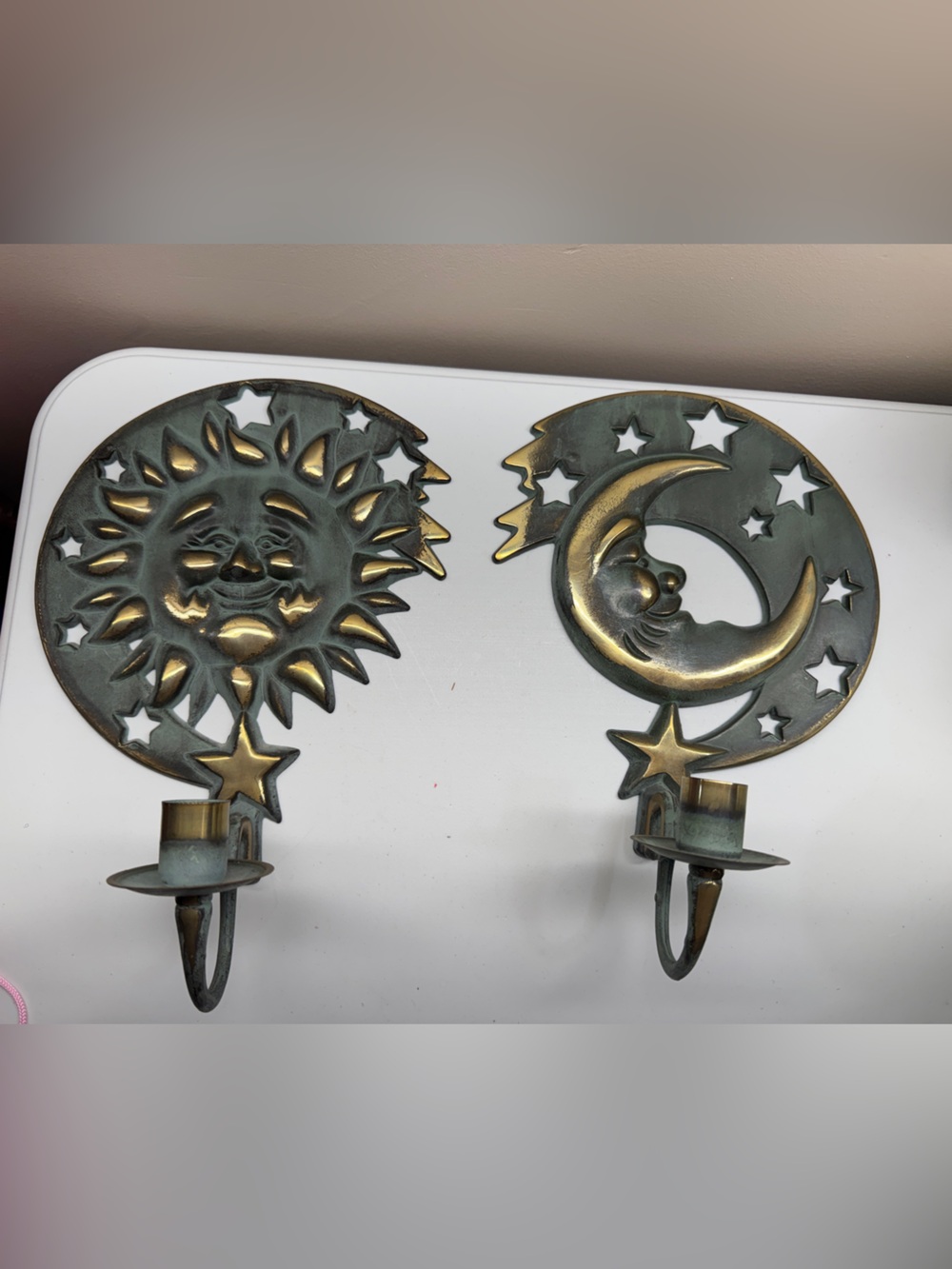 VTG PartyLite 1994 Celestial Sun & Moon Wall Sconce Candle Holders Set Verdigris